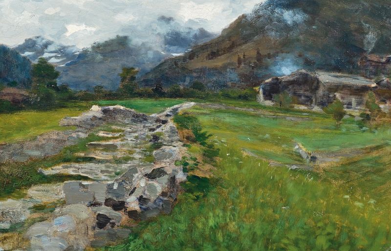 Sappada by Guglielmo Ciardi, an impressionist landscape depicting light filtering through foliage.