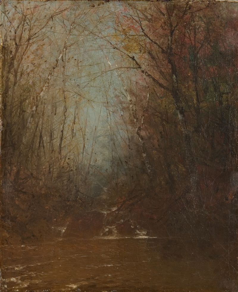 Forest Interior With Stream, óleo sobre tela de John Frederick Kensett, com luz do sol filtrando através das árvores.