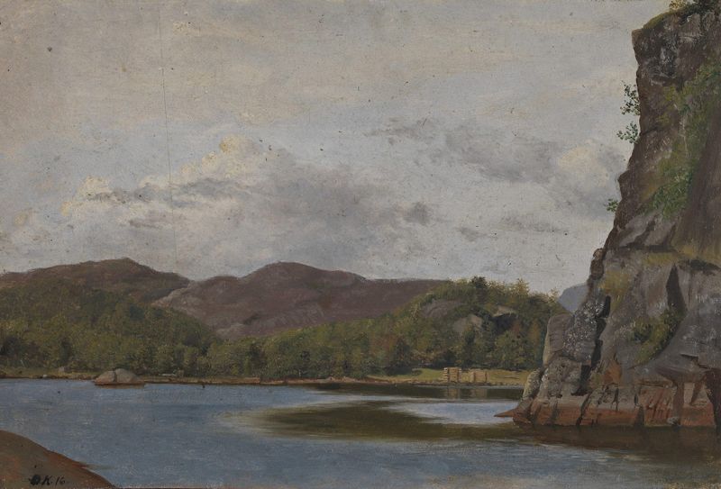From the Coast near Mandal by Adolph Tidemand, oil on canvas depicting waves and cliffs
