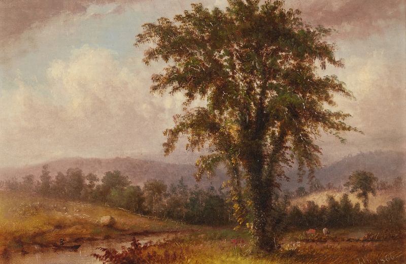 Landscape by Thomas Hill, oil painting depicting a forest with sunlight filtering through trees.