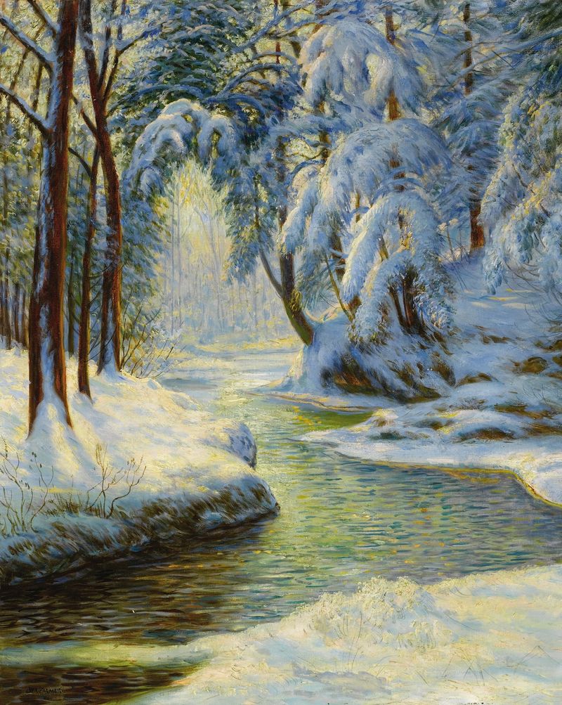 Winter landscape oil painting by Walter Launt Palmer, featuring snow and trees.