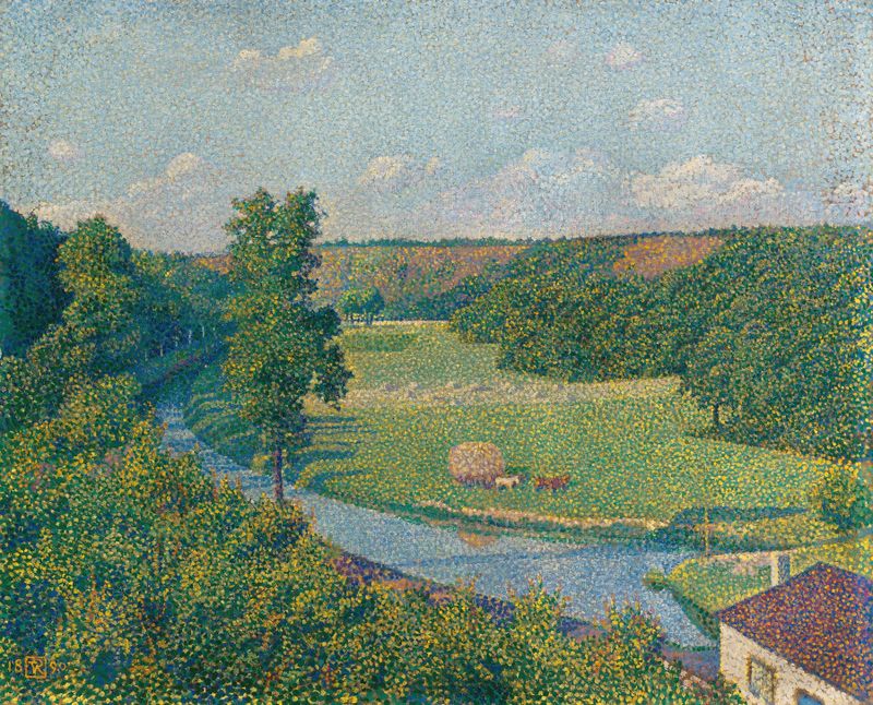 La Vallée De La Sambre by Theo van Rysselberghe, oil painting of a tranquil valley landscape.
