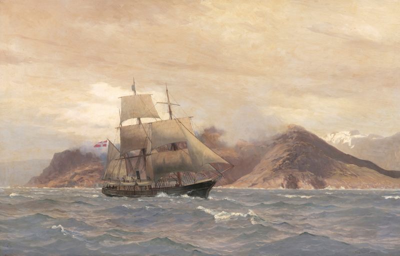 Um navio no mar, pintura a óleo de Nils Severin Lynge Hansteen, mostrando luz do sol sobre as ondas.