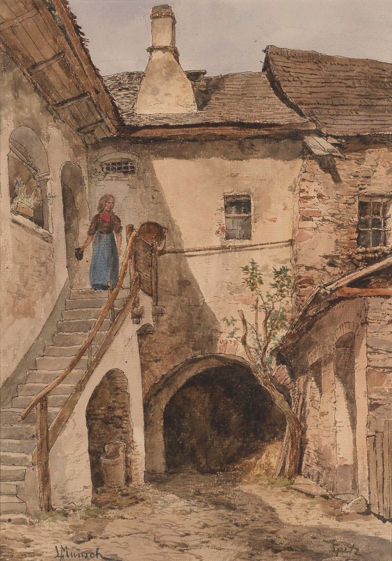 Hof in Spitz an der Donau de Leopold Munsch, óleo sobre lienzo que representa una granja junto a un río