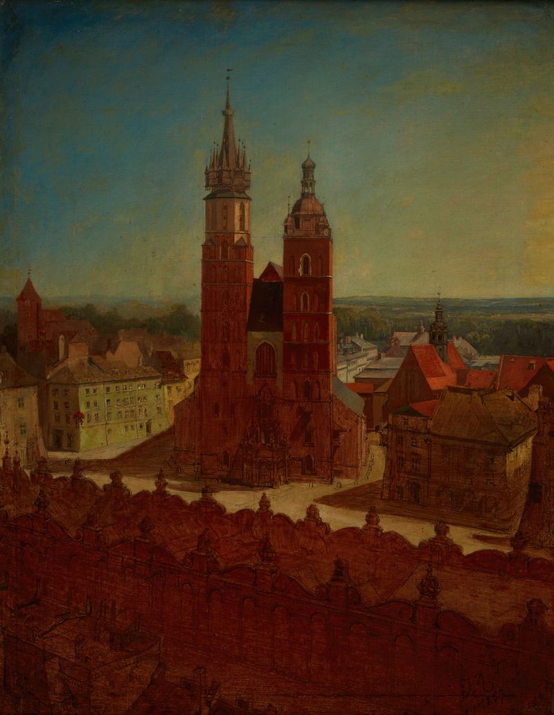 Vista desde la torre del ayuntamiento, pintura al óleo de Jan Matejko, con arquitectura intrincada y nubes.