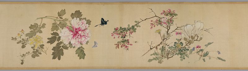 Obra de seda botânica de Yamamoto Baiitsu retratando ramos.