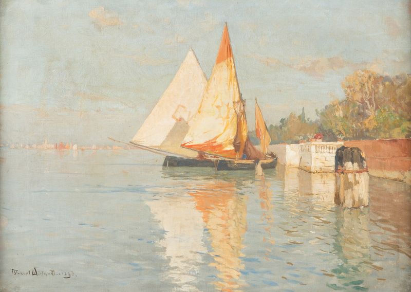 Fishing boats on water in oil painting by Manuel Wielandt