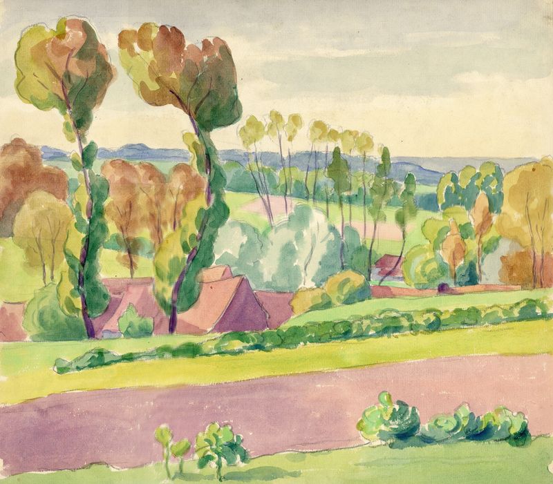 Landschap in aquarel by Albert Daenens, impressionism, watercolor landscape