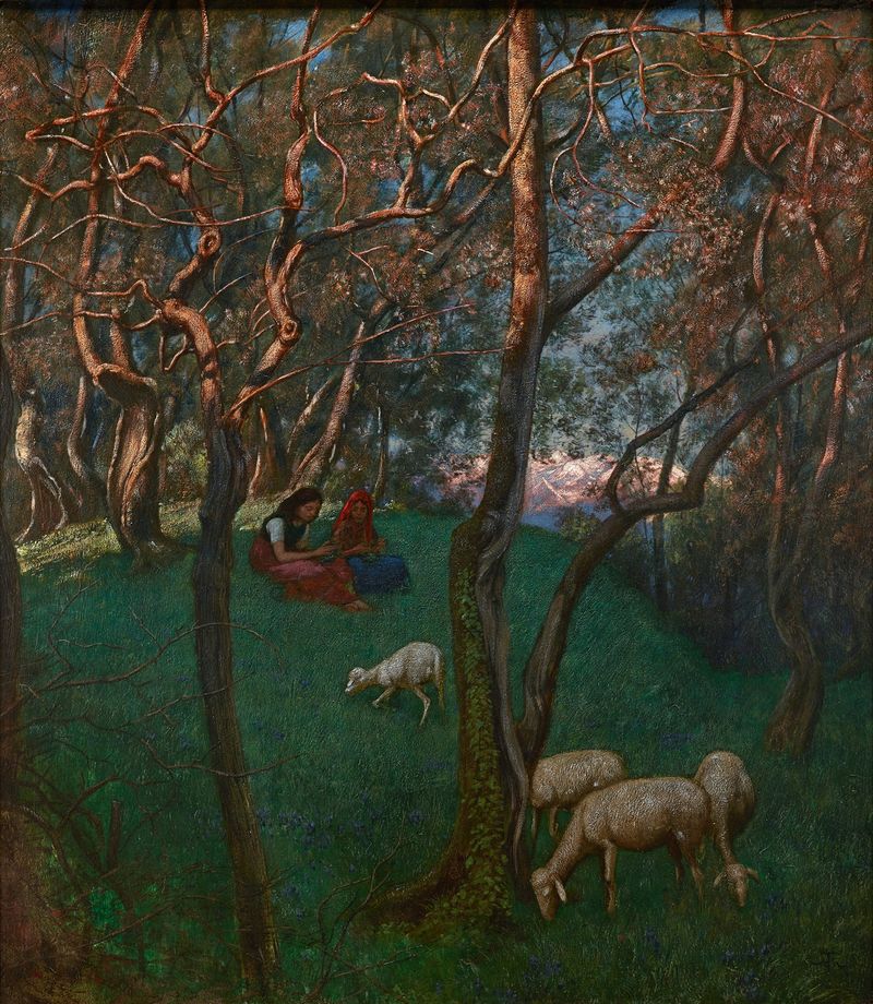 Olive Grove at Lake Garda, pintura a óleo de Hans Thoma, apresentando oliveiras e luz do sol.