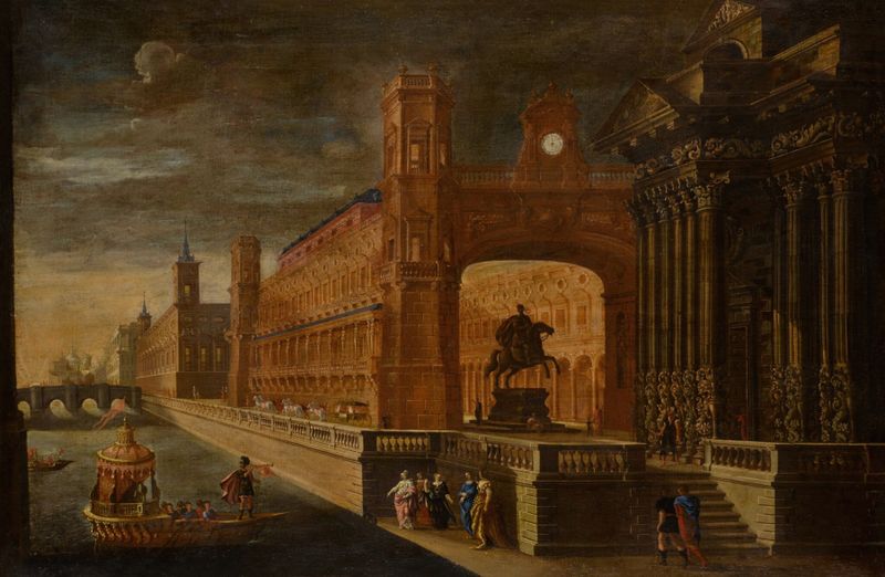 Un capricho arquitectónico con la llegada de Eneas a Cartago, óleo sobre lienzo de Vicente Giner