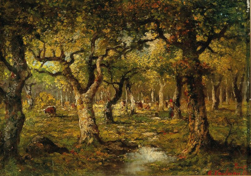 In the Forest of Barbizon by Adolf Kaufmann, oil painting depicting a serene forest with dappled light.