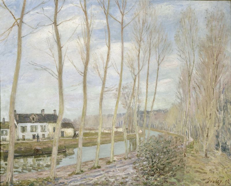 Pintura a óleo impressionista do Canal de Loing por Alfred Sisley, apresentando água e reflexos.