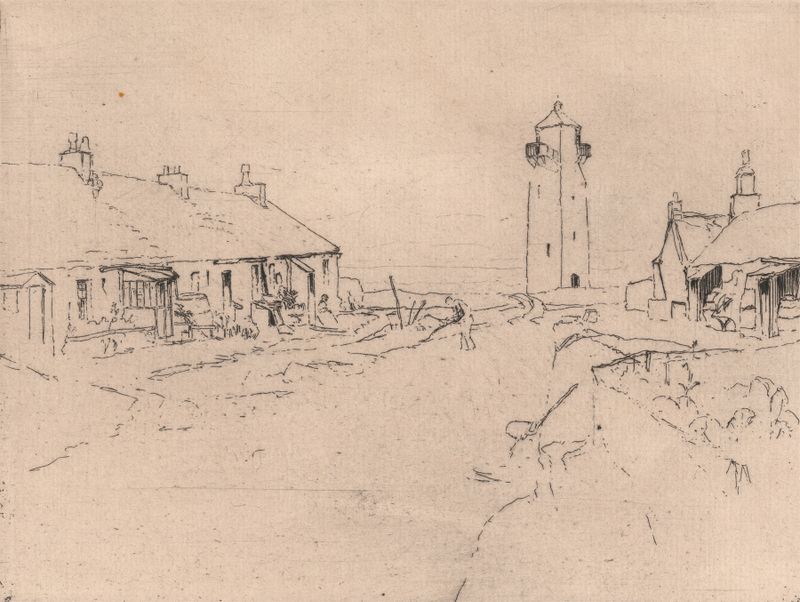 Southerness Light House engraving by Sir Frank Short, depicting a lighthouse illuminated at dusk.