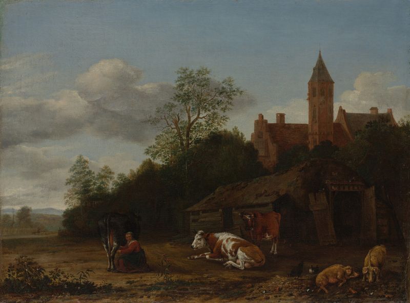Barnyard Scene by Anthonie van Borssom, oil painting depicting a tranquil rural landscape with livestock.