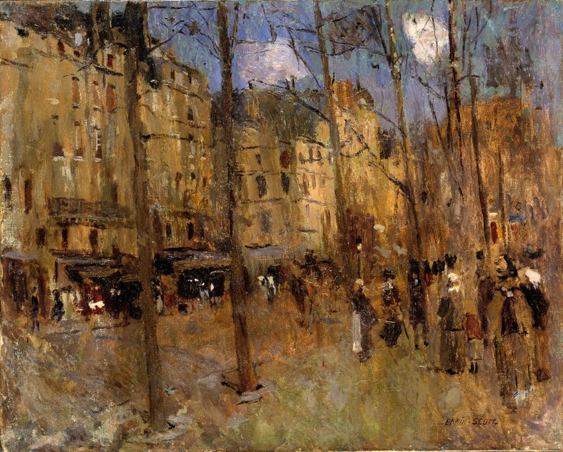 Boulevard St. Germain by Frank Edwin Scott, impressionism, lamplight on a cobblestone street