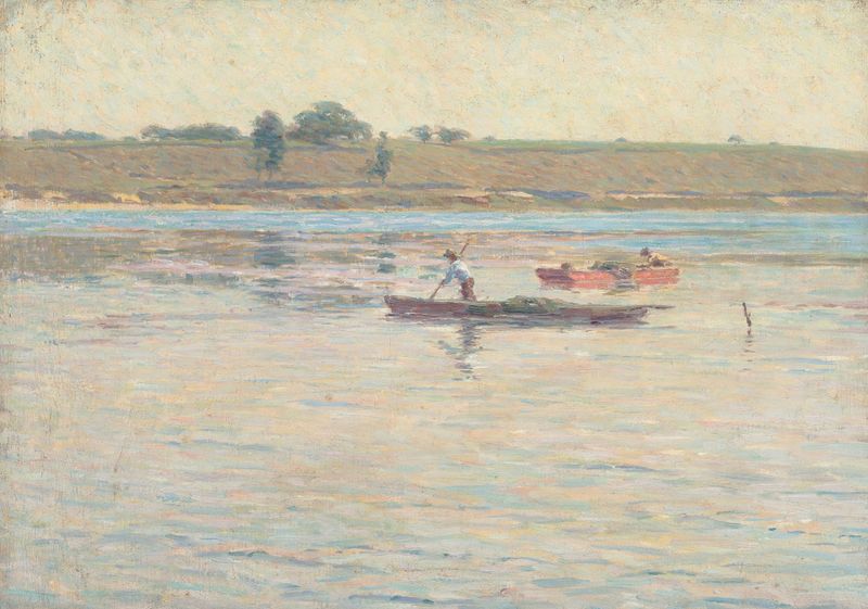 Landscape with Fishermen, oil on canvas by American School, featuring a river and two fishermen in golden light.