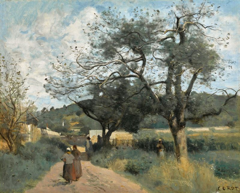 Paisagem de campos com luz dourada, óleo sobre tela de Jean-Baptiste-Camille Corot