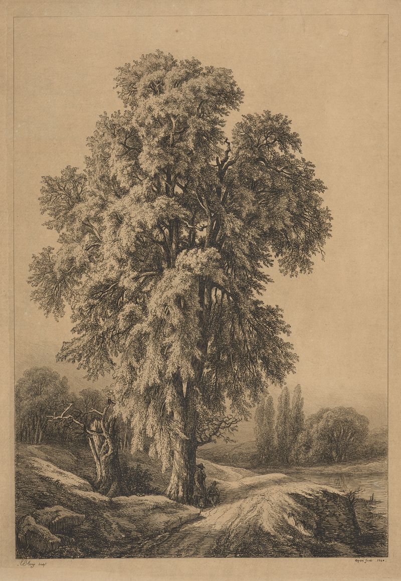 Landscape with two travelers beneath a tree along a path, oil painting by Eugene-Stanislas-Alexandre Blery.