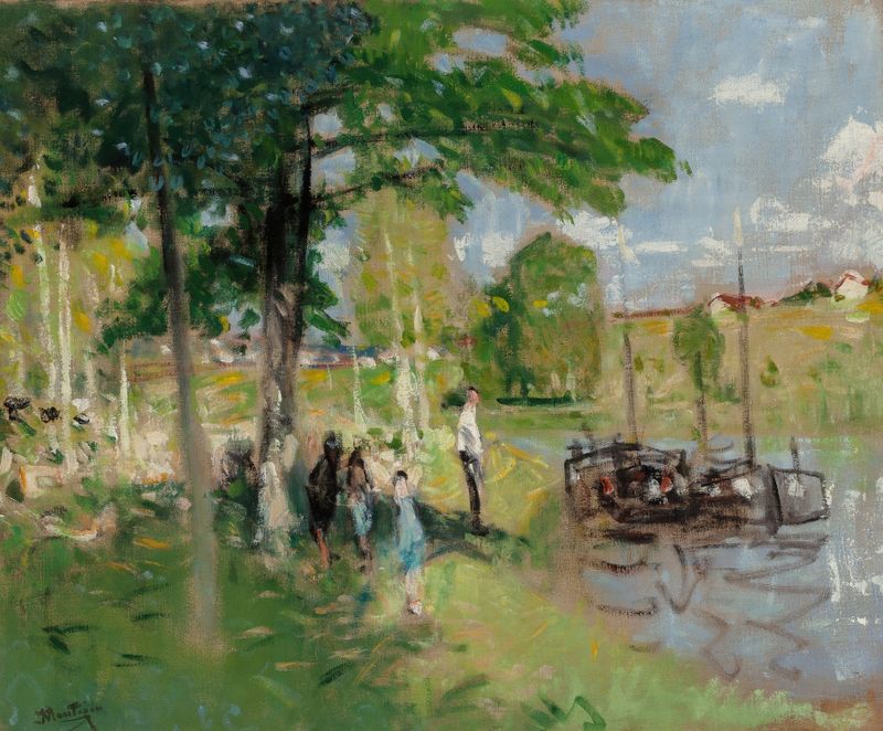 Escena marina con barcos en un río, pintura al óleo de Pierre-Eugène Montézin
