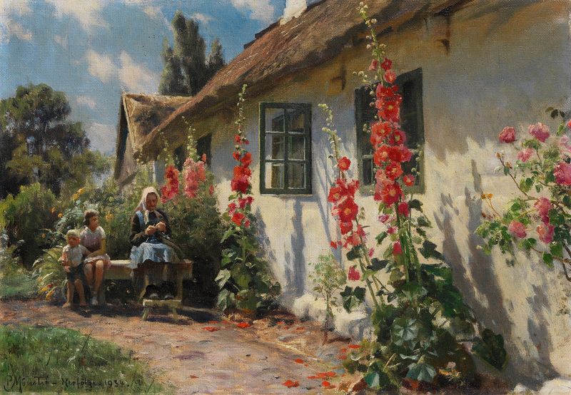 Sommertag in Herfølge de Peder Mørk Mønsted, óleo sobre tela que retrata campos de verão e luz.