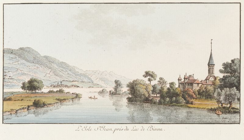 L’Isle St. Jean prés du Lac de Bienne by Johann Ludwig Aberli, oil painting of a serene lakeside landscape.