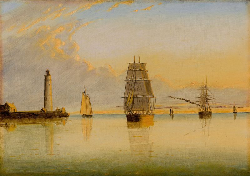 Morning off Boston Light by Clement Drew, oil on canvas, depicting a serene sunrise over the ocean.