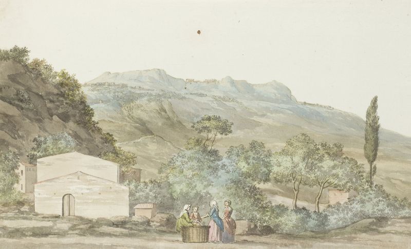Watercolour by Abraham-Louis-Rodolphe Ducros depicting a landscape view from a balcony.