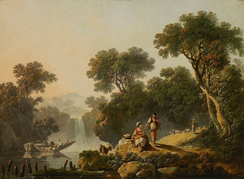 Rococo landscape by Jean-Baptiste Pillement, featuring hills and a serene sky.