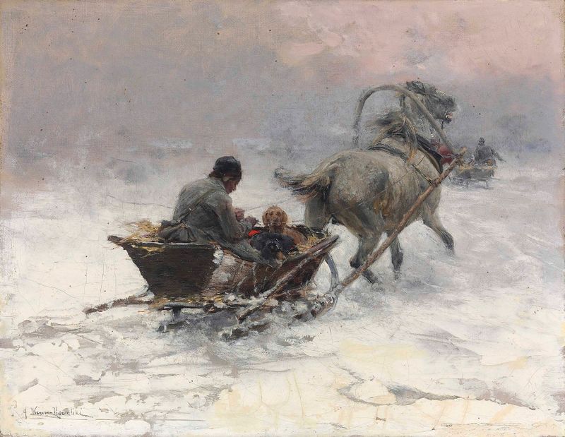 Sleight Ride de Alfred von Wierusz-Kowalski, óleo sobre tela retratando cavalos em uma paisagem nevada