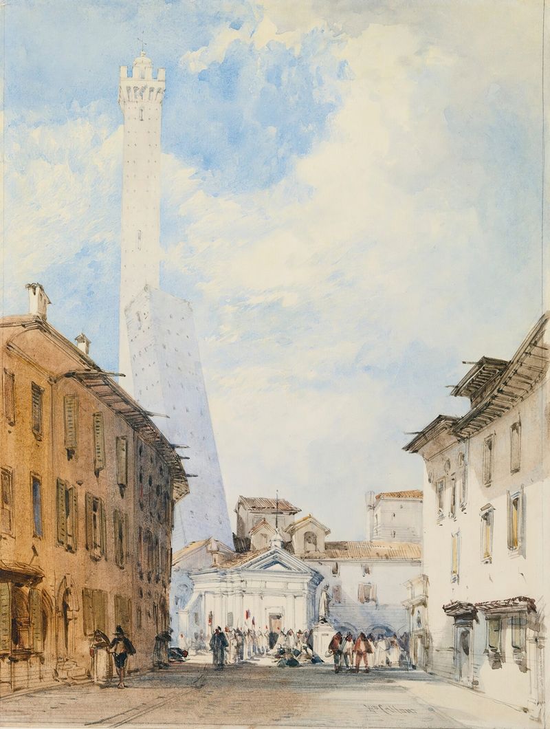 Street In Bologna de William Callow, retratando uma paisagem vibrante com arquitetura, pintura a óleo.