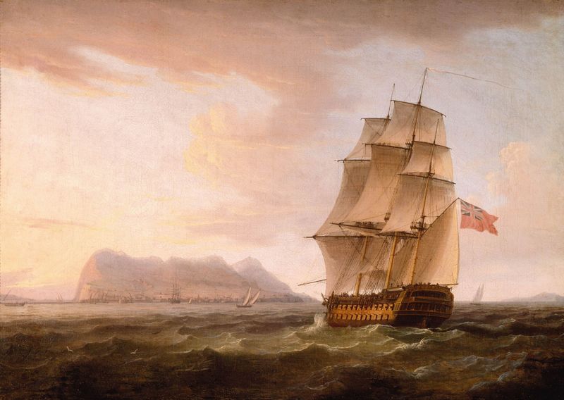 A British Man of War before the Rock of Gibraltar, oil painting by Thomas Whitcombe