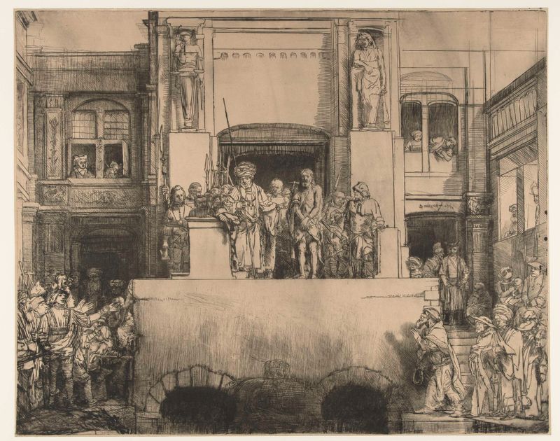 Cristo apresentado ao povo, ponta seca de Rembrandt van Rijn, retratando uma multidão em silêncio tenso.
