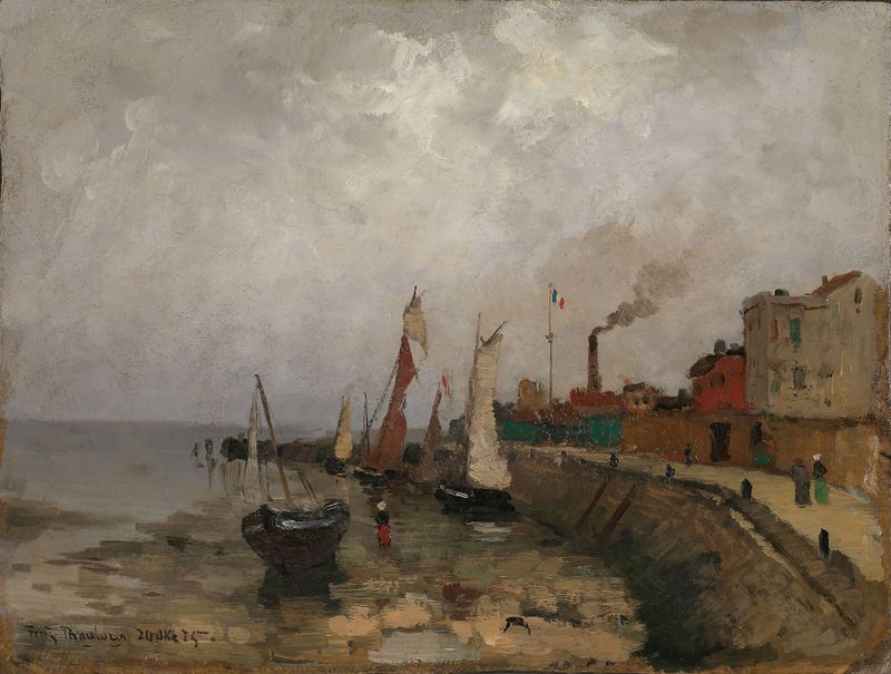 Marine scene with boats in harbor, oil painting by Frits Thaulow