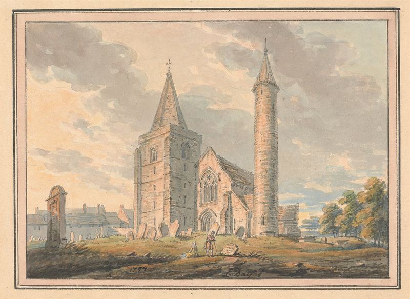 Brechin Cathedral and round tower in watercolor by Edward Dayes