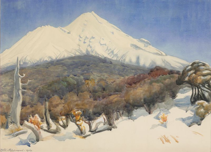 Landscape of Mount Egmont by Dorothy Richmond, oil painting with snow-capped peak and clouds.