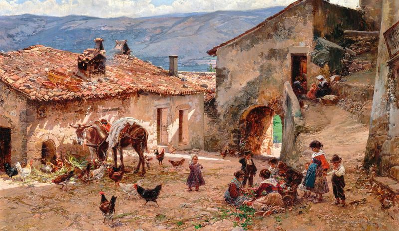 Niños jugando en Anticoli Corrado de Mariano Barbasan Lagueruela, pintura impresionista