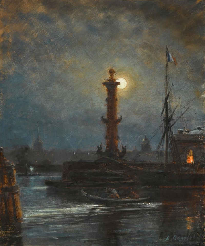 Rostral column against a cerulean and gold sky, by Alexey Petrovich Bogolyubov, medium unknown.