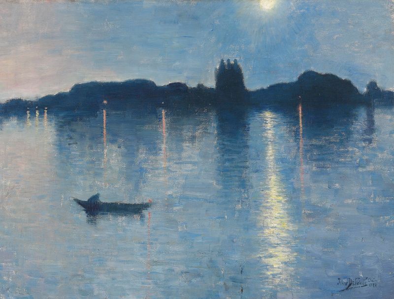 Lago por la noche con reflejo de luz de luna, pintura al óleo de Jean Delville