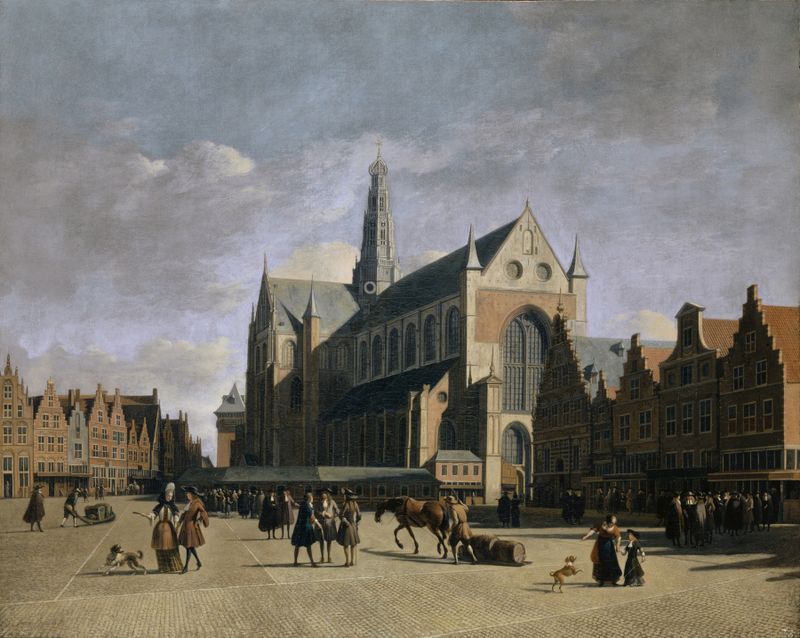 The Market Place in Haarlem, oil on canvas by Gerrit Adriaensz. Berckheyde, depicting a lively market scene.