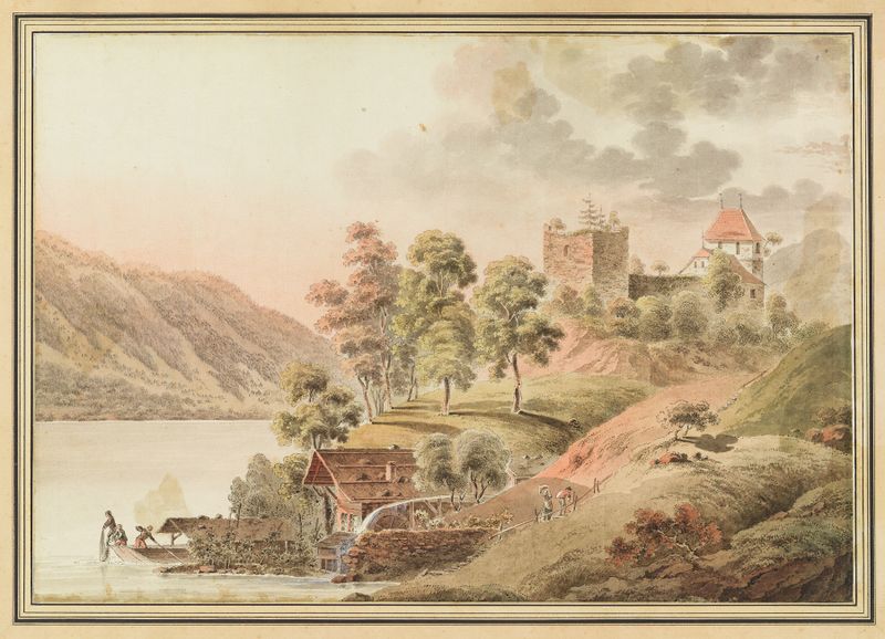 Vue du Chateau de Ringenberg au Lac de Brienz, óleo sobre lienzo de Jakob Samuel Weibel
