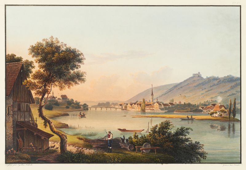 Vue de la ville de Stein, Canton de Schaffhouse de Johann Ludwig Bleuler, óleo que muestra colinas y agua tranquila