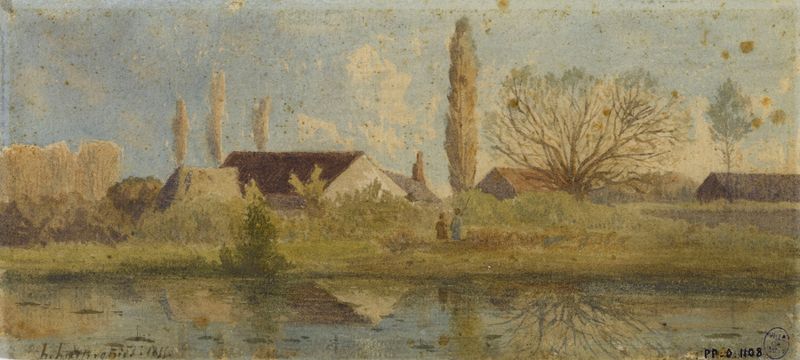 Pintura a óleo de Henri-Joseph Harpignies representando um lago e um prado.