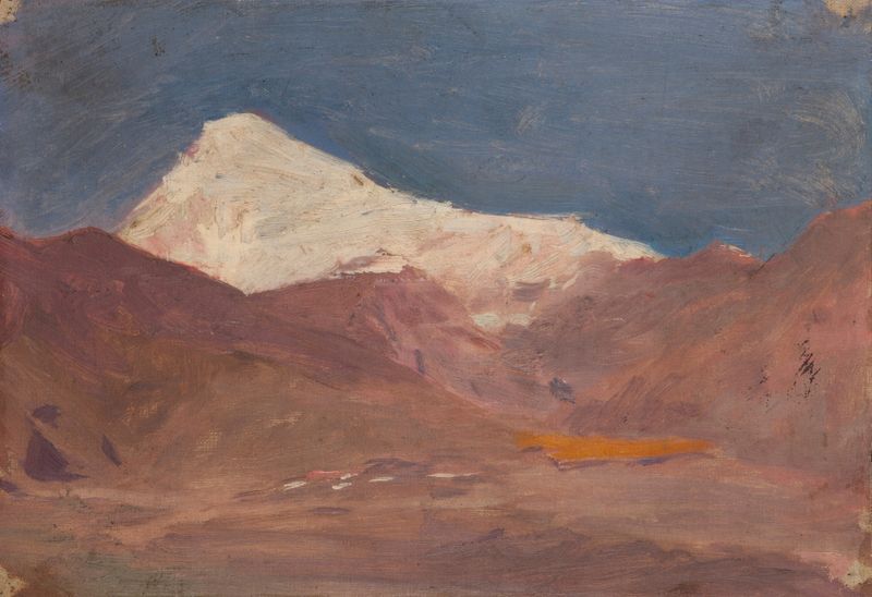 Pintura a óleo do Monte Kazbek por Jan Ciągliński, apresentando um pico coberto de neve e um vale exuberante.
