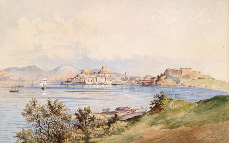 Blick auf die Stadt Corfu by Ludwig Hans Fischer, oil painting depicting a Mediterranean cityscape.