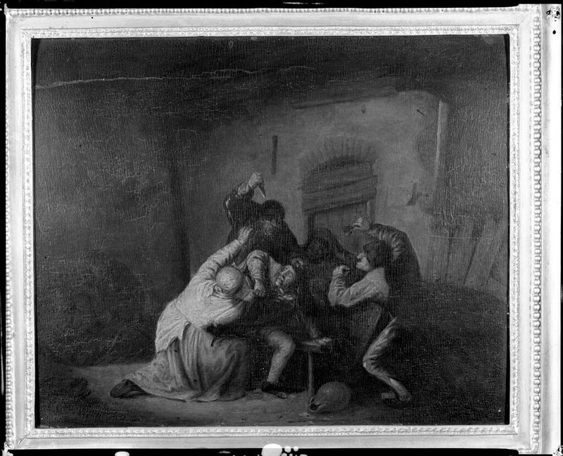 Peasants brawling in a tavern, oil on panel by Adriaen van Ostade