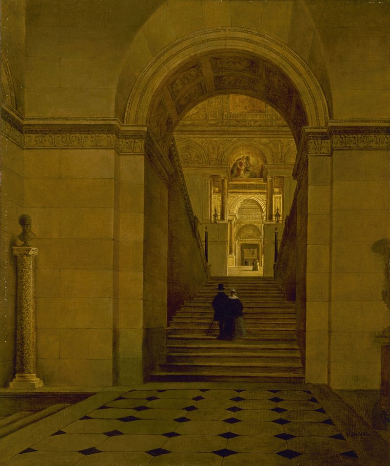 Vista interior de una gran escalera en un palacio por Victor Duval, pintura al óleo