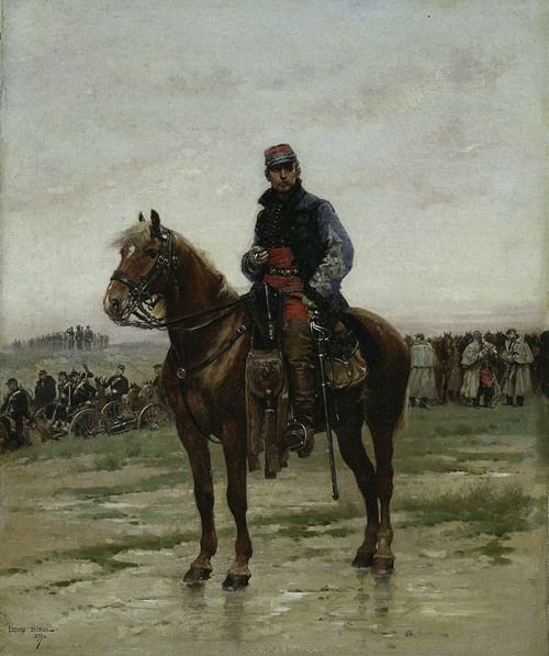 A mounted officer in a military uniform stands on a horse, with a crowd in the background.