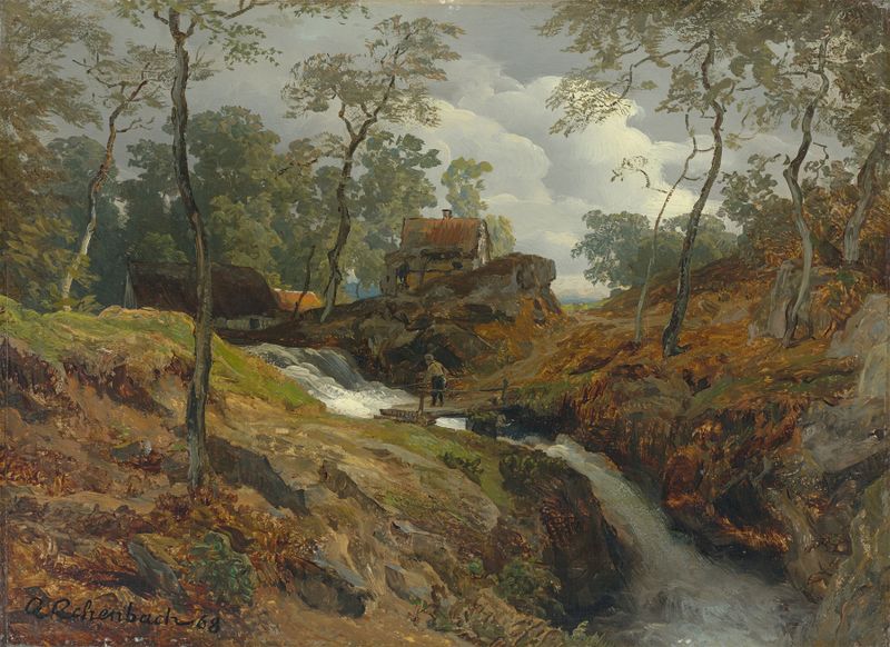 Paisagem com um riacho selvagem e água corrente, de Andreas Achenbach, pintura a óleo