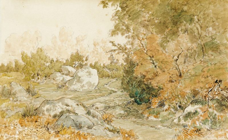 O caminho para Paris, óleo sobre tela de Théodore Rousseau, retrata um caminho florestal sinuoso.