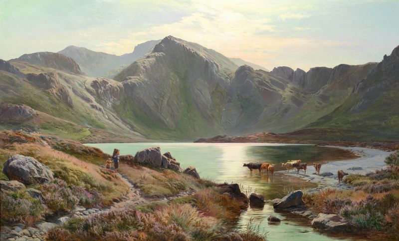 Llanberis, North Wales by Sidney Richard Percy, oil on canvas depicting hills and clouds.